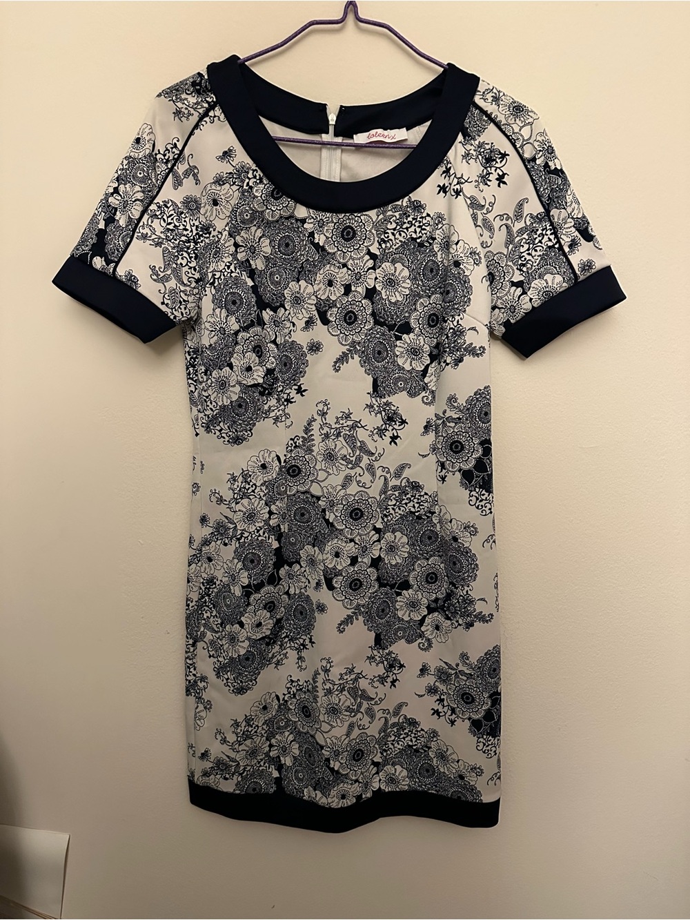 Eliza J Navy and White Floral Sheath with Contrast Trim